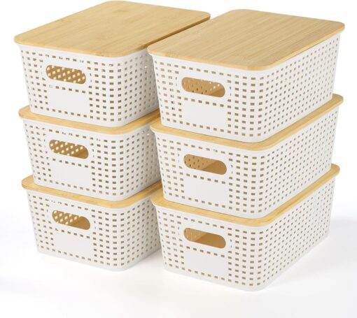 Plastic Storage Baskets With Bamboo Lid – Plastic Storage Containers Stackable Storage bins: Storage Baskets for Organizing Shelves Drawers Desktop Closet Playroom Classroom Office, 6 Pack