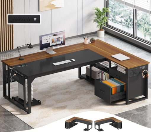 71 in Executive Desk with Power Outlets, Reversible L Shaped Computer Desk with File Drawers & Storage Shelves, Large Office Desk with Pegboard, Mobile CPU Stand, Modern Corner Desk (Walnut)