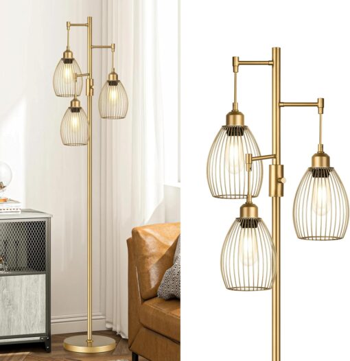Dimmable Floor Lamp, Industrial Floor Lamps for Living Room, Gold Tree Lamp Standing Lamp Tall Lamps with 3 Elegant Teardrop Cage Head & 800 Lumens LED Bulbs for Living room Bedroom Office Dining Room