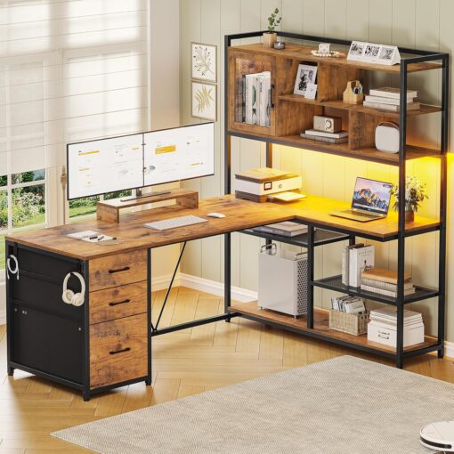 SEDETA L Shaped Computer Desk, 58” Office Desk with 3 Drawers and Bookshelf, L Shaped Corner Desk with Storage Shelves and LED Light for Home Office, Gaming Desk, L Desk, Rustic Brown