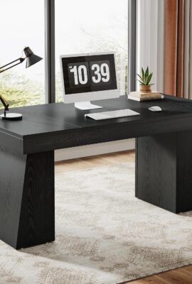 Tribesigns 55 Inches Executive Desk, Mid-Century Modern Home Office Desk with Double Trapezoid Base, Wood Computer Desk Business Workstation Desk Small Conference Table, Black