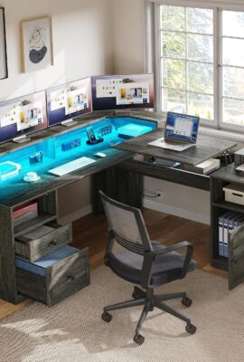 YITAHOME L Shaped Desk with Power Outlets & LED Lights, 60″...