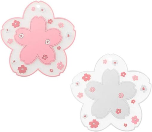Sakura Coffee Cup Mat Kawaii Coaster 2PCS Cute Cherry Blossom PVC Home Tea Mug Pink Flower Pattern Anti-Skid Pot Bowl Pad Placemat for Desk Drink Table Decor Kawaii Accessories (Small)