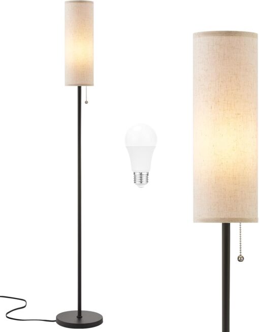 Ambimall 64” Floor Lamp for Living Room with Bulb- Tall Lamps with Beige Lampshade & Pull Chain Switch, Pole Lamps for Bedrooms Tall, Minimalist Floor Lamp