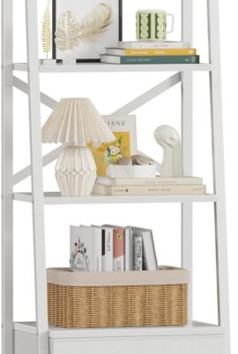 Furologee 4-Tier Ladder Shelf,Small Bookshelf with 2 Drawers,Vertical Bookcase Storage Rack Organizer,Display Bookshelves for Living Room,Bedroom,Bathroom,Home Office,Kitchen,White