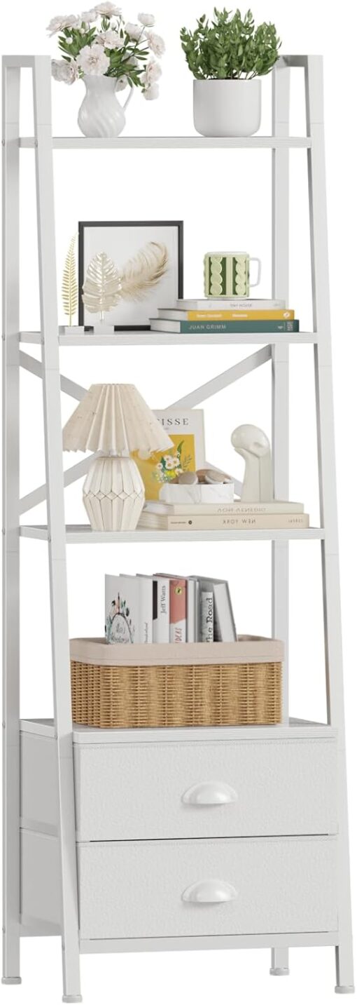 Furologee 4-Tier Ladder Shelf,Small Bookshelf with 2 Drawers,Vertical Bookcase Storage Rack Organizer,Display Bookshelves for Living Room,Bedroom,Bathroom,Home Office,Kitchen,White