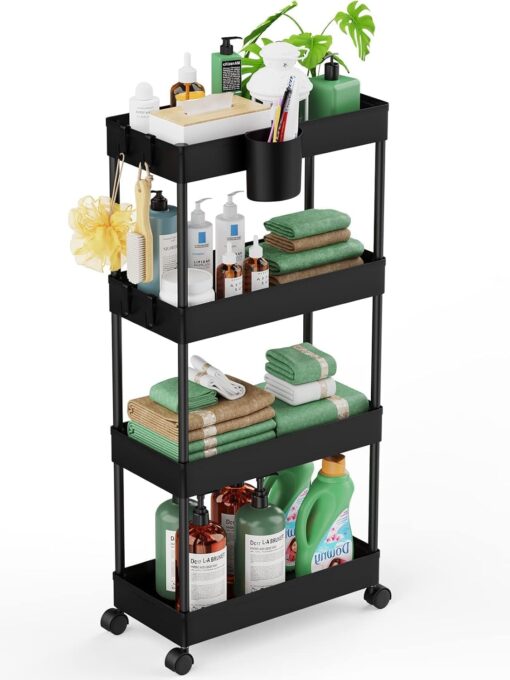 LEHOM Slim Rolling Storage Cart – 4 Tiers Bathroom Organizer Utility Cart Slide Out Storage Shelves Mobile Shelving Unit for Kitchen, Bedroom, Office, Laundry Room, Small Narrow Spaces（7.1″ W+Black）