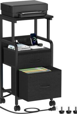 Korfile Printer Stand with Power Outlets & File Cabinet, Mobile Printer Table with 2 Drawers, 4 Tiers Multi-Functional Rolling Printer Cart with Wheels for Home Office, Living Room, Black Korfile Printer Stand with Power Outlets & File Cabinet, Mobile Printer Table with 2 Drawers, 4 Tiers Multi-Functional Rolling Printer Cart with Wheels for Home Office, Living Room, Black