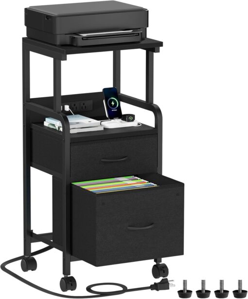 Korfile Printer Stand with Power Outlets & File Cabinet, Mobile Printer Table with 2 Drawers, 4 Tiers Multi-Functional Rolling Printer Cart with Wheels for Home Office, Living Room, Black