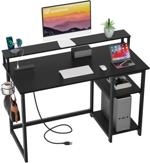 GreenForest 40 inch Computer Desk with Power Outlets, Small Home Office Desk with Ergonomic Monitor Stand, Reversible Gaming Desk, Modern Study Desk, Laptop Desk, Black