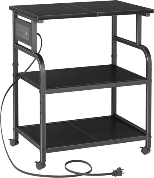 YAOHUOO 3 Tier Large Printer Stand with Power Outlet/Adjustable Storage Shelf, Rolling Cart with Wheels, Printer Table for Home Office 3D Printer/Heat Press/Laster, 22″×15″ Black