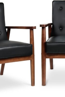STHOUYN Mid Century Modern Chair, PU Leather Accent Chair Set of 2 with Wood Arms, Living Room Chairs, Reading Armchair for Bedroom, Waiting Room, Office (2, Black 1)