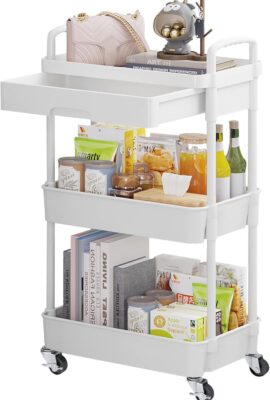 Calmootey 3-Tier Rolling Utility Cart with Drawer,Multifunctional... Calmootey 3-Tier Rolling Utility Cart with Drawer,Multifunctional...