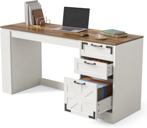 LITTLE TREE Office Desk with Drawers, 59″ Farmhouse Executive Desk with Storage File Cabinet, Wooden Computer Writing Table for Home, Office, Bedroom, White & Brown