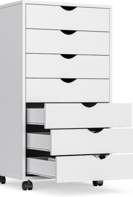 OLIXIS 7 Drawer Mobile File Cabinet Under Desk Storage Organization with Wheels Vertical Filing Chest Rolling Wood Small Desk Printer Stand for Home Office, 15.75″D x 18.74″W x 34.25″H, White