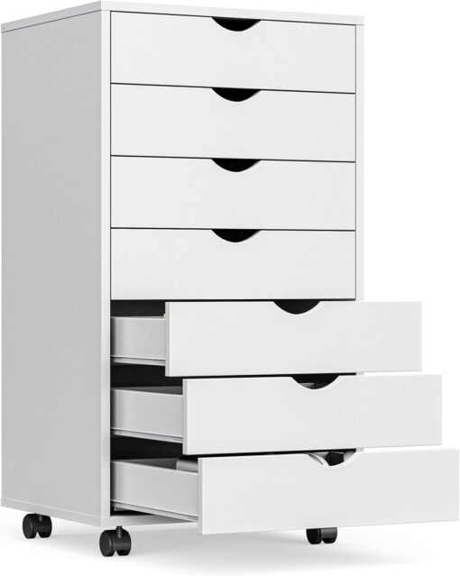 OLIXIS 7 Drawer Mobile File Cabinet Under Desk Storage Organization with Wheels Vertical Filing Chest Rolling Wood Small Desk Printer Stand for Home Office, 15.75″D x 18.74″W x 34.25″H, White