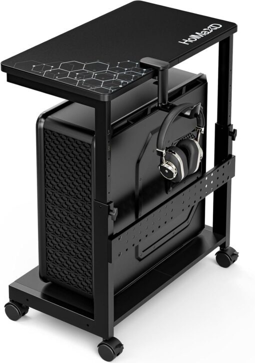 Height Adjustable Computer Tower Stand, 2-Tier ATX-Case CPU Holder with Mouse Pad & Headphone Stand, Mobile PC Standing Under Desk, Home Office Gaming Accessories, Computer Cart Wheels, Black