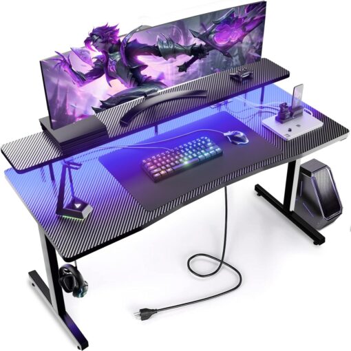 GTRACING 55 Inch Gaming Desk, Computer Gamer Desk with Monitor Stand, Ergonomic Carbon Fiber Surface Gaming Table with Power Outlet and Mouse Pad for Home Office, Black