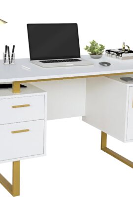 Techni Mobili Storage Drawers and Cabinet 51.25” W-Modern Office Large Floating Desktop Surface Desk, 23.6″ D x 51.2″ W x 29.8″ H, White/Gold