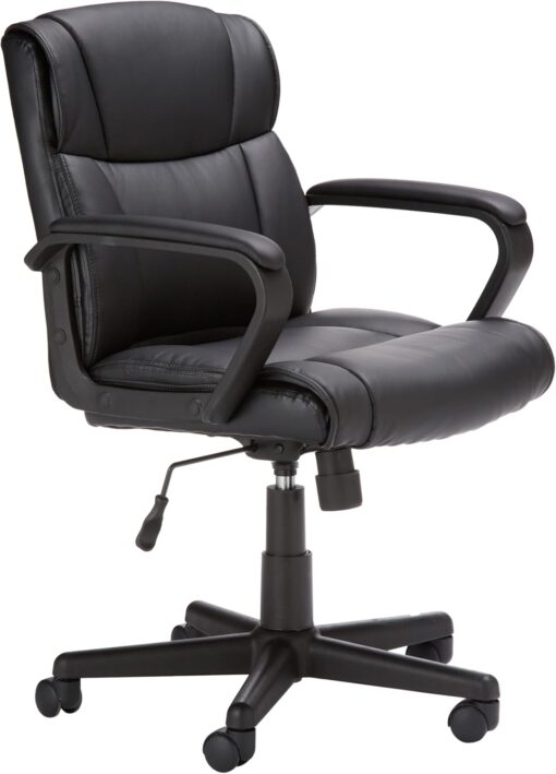Amazon Basics Office Computer Task Desk Chair with Padded Armrests, Mid-Back, Adjustable, 360 Swivel, Rolling, 275 Pound Capacity, 24.2″D x 24″W x 34.8″H, Black Faux Leather