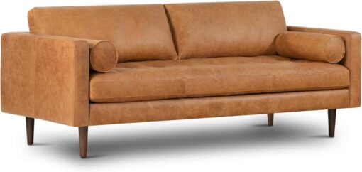 POLY & BARK Napa 88.5″ Leather Sofa – Full-Grain Italian-Tanned Aniline Leather, Feather-Down Comfort, Solid Wood Frame, Walnut Legs, Cognac Tan