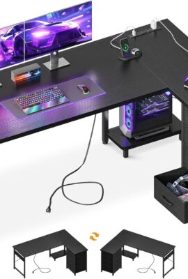 AODK L Shaped Gaming Desk with 4 Drawers, 61″ Reversible Home...