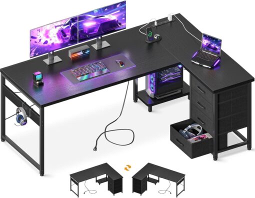 AODK L Shaped Gaming Desk with 4 Drawers, 61″ Reversible Home Office Desks with Power Outlets, L Shaped Computer Desk with USB Charging Port and Host Stand, Corner Desk, Easy to Assemble, Black