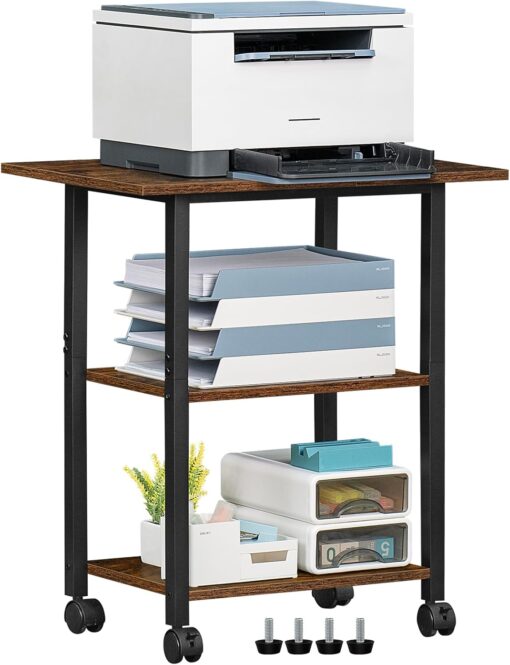 Lerliuo 3-Tier Printer Stand, Industrial Mobile Printer Table with Storage Shelf and Steel Frame, Rolling Printer Cart Holder with Lockable Wheels for Home, Office (Brown)