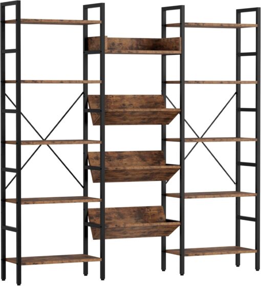 IRONCK Bookshelves and Bookcases 5 Tiers, Triple Wide Industrial Bookshelf, Large Etagere Bookshelf, Display Storage Bookshelves with Metal Frame for Living Room, Home Office