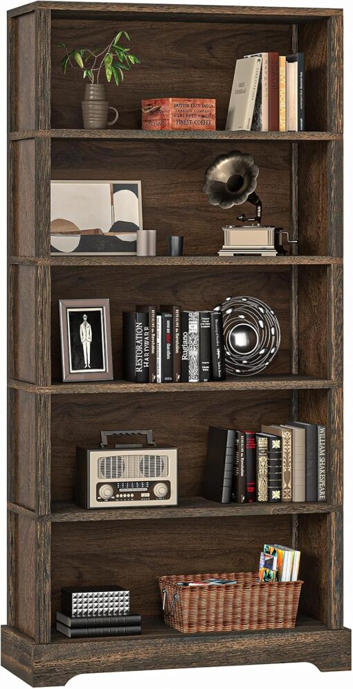TVU 5-Tier Solid Wood Book Shelf, Floor Standing Bookcase, 65″ H × 31.5″ W × 11.8″ D Bookshelf, Farmhouse Style Book Case with Arched Base, Suitable for Living Room, Study, Office, Rustic Brown