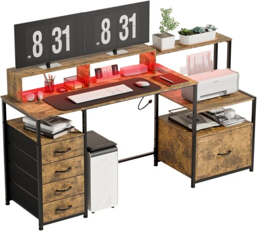 Computer Desk with Drawers, 67 Inch Office Desk with Storage and Power Outlet, Work Table for Home Office, Gaming Desk with Led Lights, Rustic Brown