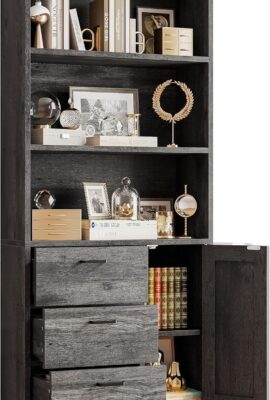 IRONCK Bookshelf with Door and 3 Drawers, 71in Tall Bookcase Shelf with 3-Tier Shelves, for Bedroom Living Room Entrance Hallway Home Office
