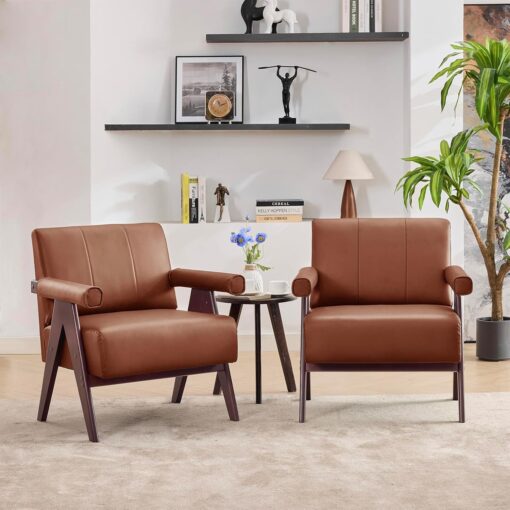 STHOUYN Brown Leather Accent Chairs Set of 2, Mid Century Modern Chair Set of 2, Side Arm Chairs for Living Room, Office Guest Waiting Room Lobby Chairs (2, Brown)