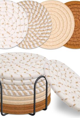 Mckanti Drink Coasters Set of 8, 4 Colors Absorbent Coasters for Drinks, Minimalist Cotton Woven Coaster for Living Room Decor, Fall Home Decor, 4.3 Inches