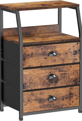 Furnulem Nightstand with 3 Drawers and 2-Tier Shelf, Fabric Small Dresser Organizer Vertical Storage Tower for Bedroom, Closet, Hallway, Nursery, End Table Side Furniture, Sturdy Steel Frame, Wood Top