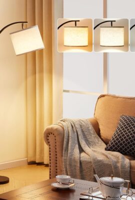 Ambimall Tall Floor Lamps with 3 Color Temperatures Bulb & Adjustable Linen Shade, for Living Room, Bedroom, Office, Classroom, Dorm Room (9W Bulb Included), Beige & Black, 60″