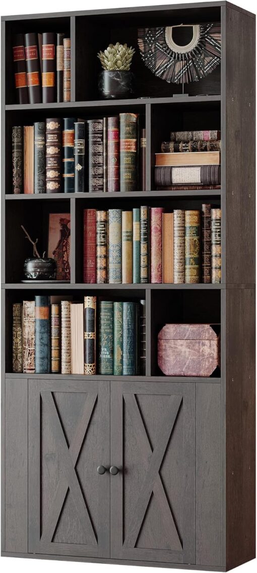 IRONCK Bookcase with Doors, Tall Bookshelf with Storage, Bookshelves and Bookcases with 8 Open Cubes for Living Room, Bedroom, Office