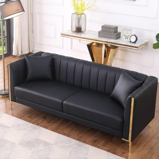 FOTOSOK 78” Couch Sofa, Black Couches for Living Room, Comfy Sofas Faux Leather Sofa 3 Seater Couches with 2 Throw Pillows and Gold Metal Legs, Deep Seat Sofas for Home, Office (Black)