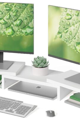 BONTEC Dual Monitor Stand Riser with Smartphone Holder, Adjustable Length & Swivel Angle, Ergonomic Wooden Desktop Organizer for PC Monitor, Laptop, Printer, Large Storage, White