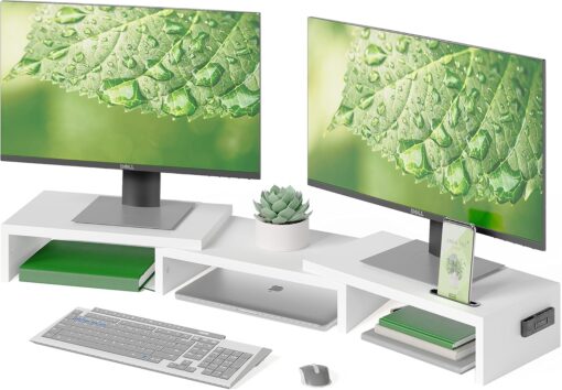 BONTEC Dual Monitor Stand Riser with Smartphone Holder, Adjustable Length & Swivel Angle, Ergonomic Wooden Desktop Organizer for PC Monitor, Laptop, Printer, Large Storage, White