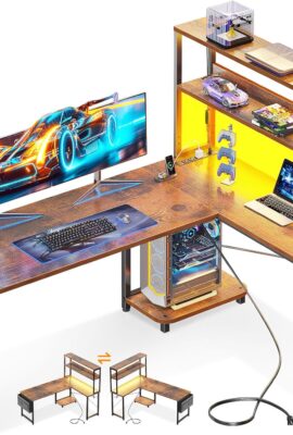 Casaottima Gaming Desk with Power Outlets & LED Lights, 53 Inch Reversible L Shaped Computer Desk with Shelves & Storage Bag, Corner Desk for Home Office, Vintage