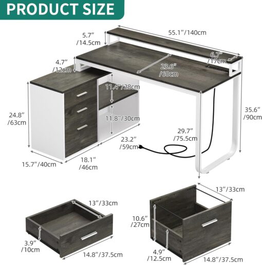 YITAHOME L Shaped Desk with Drawers, 55″ Corner Computer Desk with Power Outlets, L-Shaped Desk with LED Lights & File Cabinet for Home Office, White & Grey
