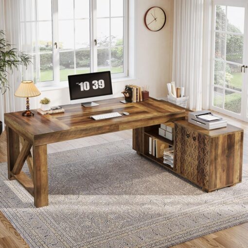 Tribesigns Farmhouse 63-Inch Executive Desk, L-Shaped Boss Desk Home Office Desks with Storage Shelves and Cabinet, Large Business Furniture Set for Home Office, Brown