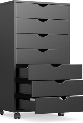 OLIXIS 7 Drawer Mobile File Cabinet Under Desk Storage Organization with Wheels Vertical Filing Chest Rolling Wood Small Desk Printer Stand for Home Office, 15.75″D x 18.74″W x 34.25″H, Black