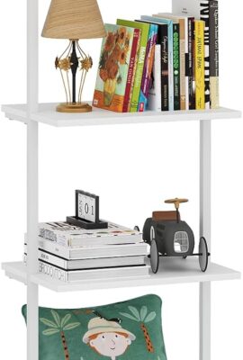 Ladder Shelf 4 Tiers Metal Industrial Bookshelf,White Wooden Tall Open Storage Rack and Display Shelves,Wall Mount Wide Bookcase for Home Office Bedroom,Small