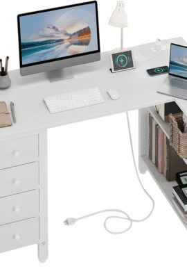 Lufeiya White L Shaped Computer Desk with Drawers & Storage Shelves,...