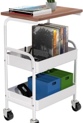 Rolling Cart with Wooden Tabletop, 3 Tier Metal Utility Cart, Rolling Storage Organizer Cart with Lockable Wheels for Kitchen, Office, Bedroom (White)