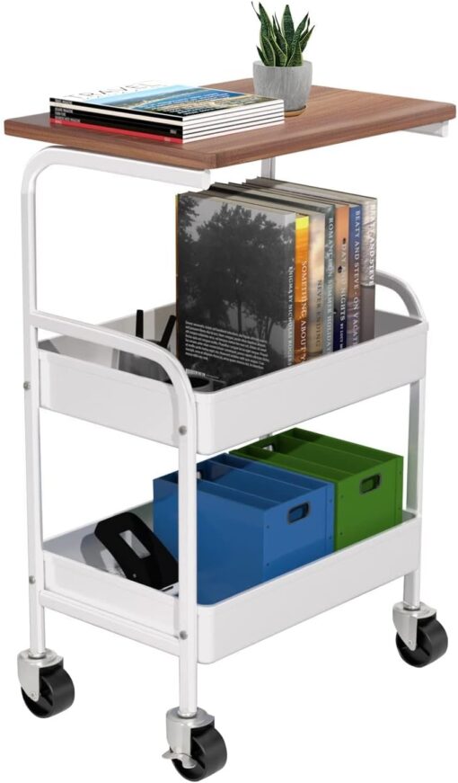Rolling Cart with Wooden Tabletop, 3 Tier Metal Utility Cart, Rolling Storage Organizer Cart with Lockable Wheels for Kitchen, Office, Bedroom (White)