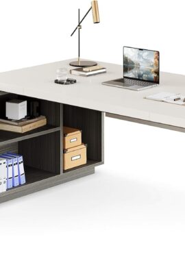 LITTLE TREE 71-Inch Executive Desk, L-Shaped Desk with Cabinet Storage, Large Computer Office Desk with Shelves, Modern Business Furniture Set for Home Office, Cream White and Grey