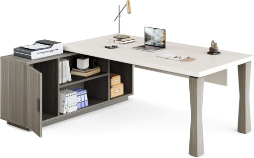 LITTLE TREE 71-Inch Executive Desk, L-Shaped Desk with Cabinet Storage, Large Computer Office Desk with Shelves, Modern Business Furniture Set for Home Office, Cream White and Grey